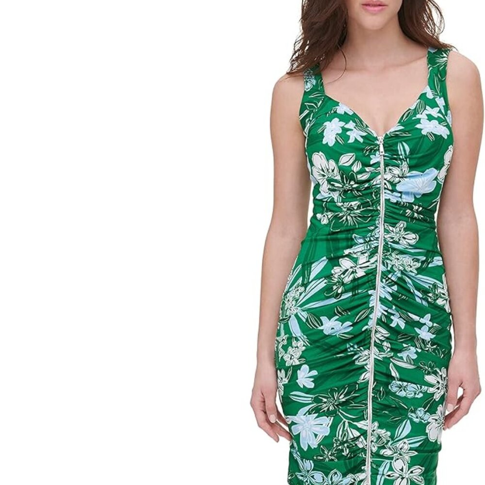 GUESS Women's V-Neck Full Front Zip Floral Printed Sheath Dress Size S